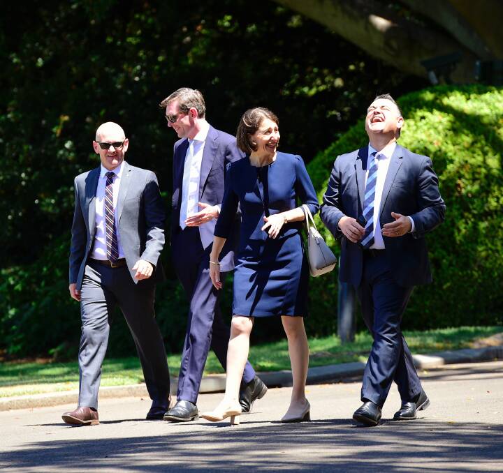 Gladys Berejiklian ahead of her appointment as NSW Premier, flanked by NSW Nationals deputy leader Niall Blair, NSW Liberals deputy leader Dominic Perrottet, and Deputy Premier John Barilaro. Photo by Wolter Peeters.