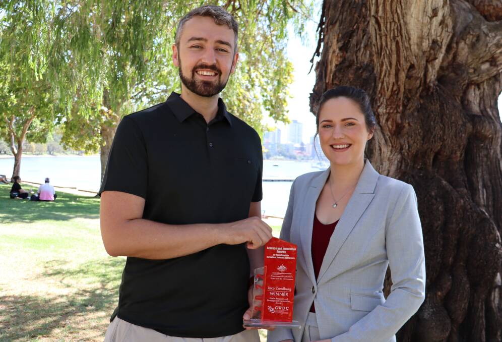 Jaco Zandberg and Samantha Harvie, both from UWA, are working to develop a spray which would protect crops from frost damage.
