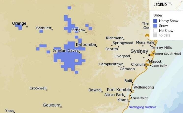 ON ITS WAY: The areas forecast to get snow on Friday. Image: BUREAU OF METEOROLOGY