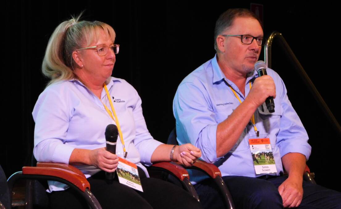 Dairy UP P3 co-lead, feeding and farm systems Dairy Australia Karen Romano and Manning Valley Dairy manager Simon Scowen, discuss intensification at the Dairy Research Foundation Symposium at Forster.