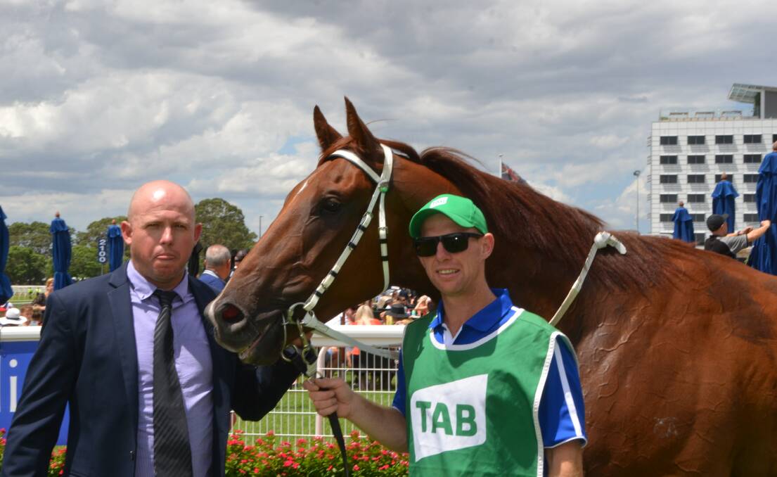 Queanbeyan conditioner Todd Blowes with Country Championship contender Noble Boy, and strapper and part-owner Troy Tipping after the Highway Handicap win at Warwick Farm. Photo Virginia Harvey
