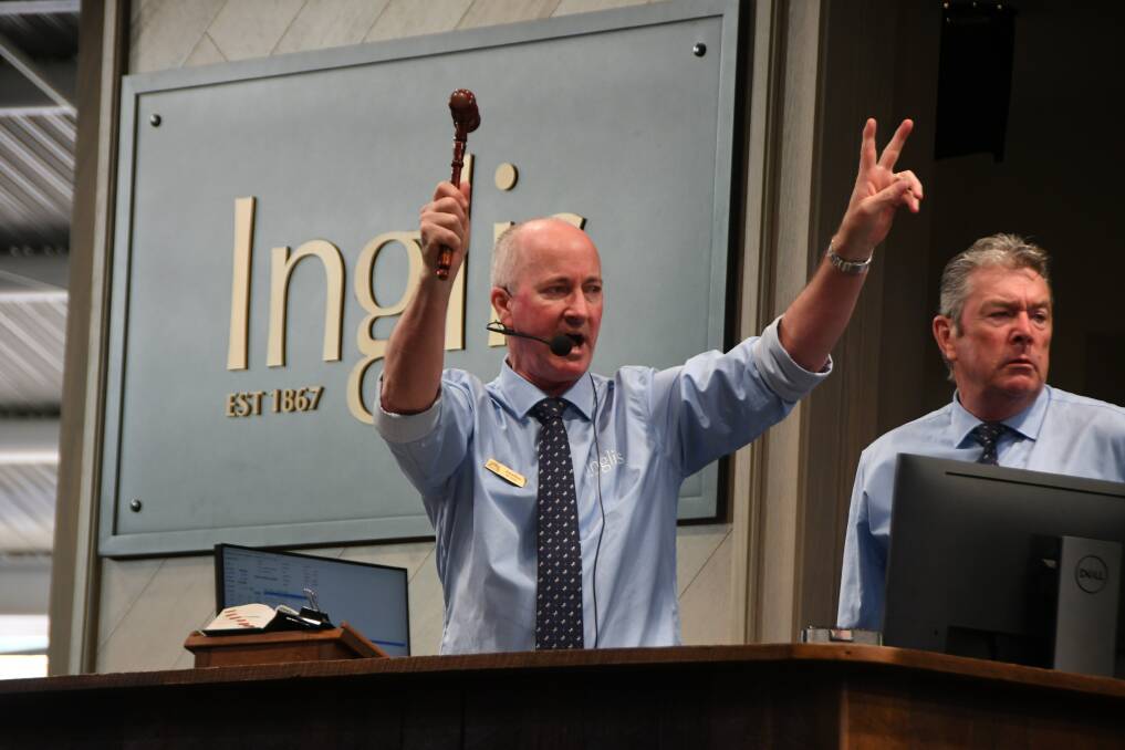 Jonathon D'Arcy in action in the Inglis auctioneers box at Riverside (with colleague Simon Vivian) at last year's Australian Easter Yearling Sale. Photo Virginia Harvey
