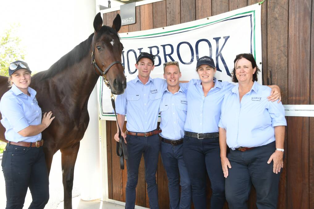 Part of the Holbrook Thoroughbreds crew Tash Doyle, Jim Smythe, Tyler Law, Nicole Miller, and Julie Harris with their $950,000 Vancouver filly at the Easter Yearling Sale. Next for the team are five youngsters at the Inglis Scone Yearling Sale. Photo Virginia Harvey