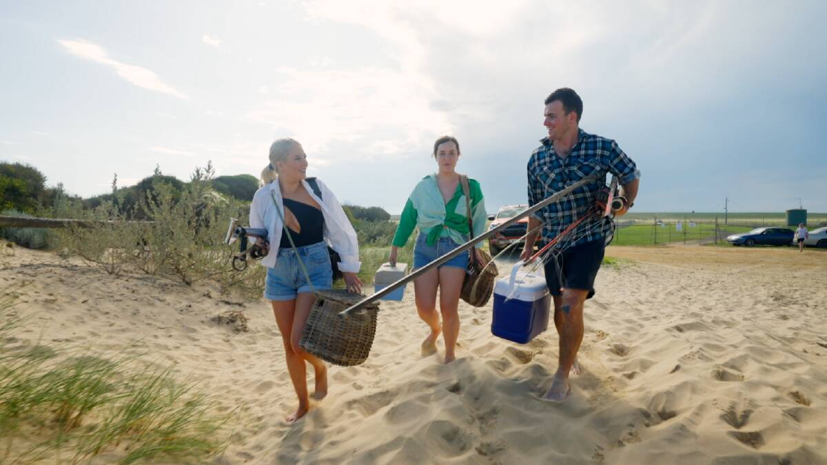 Farmer Brenton heads off for some beach fishing with Breanna and Emily. Picture by Channel 7