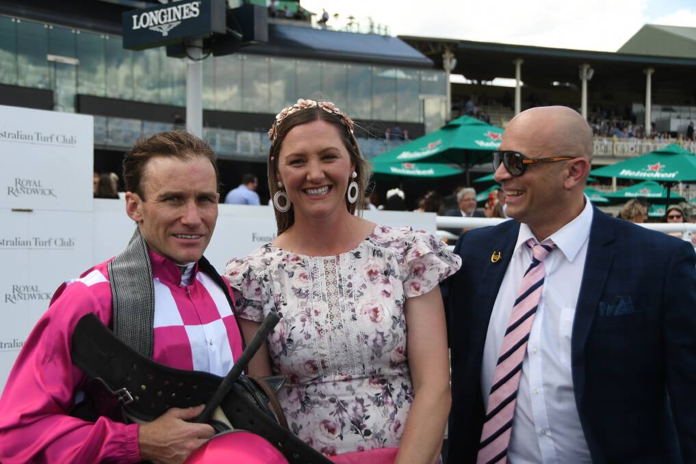Jockey Luke Currie, Goulburn trainer Emma Longmire and part-owner Aris Giotas are excited after the win of Feel The Knight in the TAB Highway Handicap. Photo Virginia Harvey