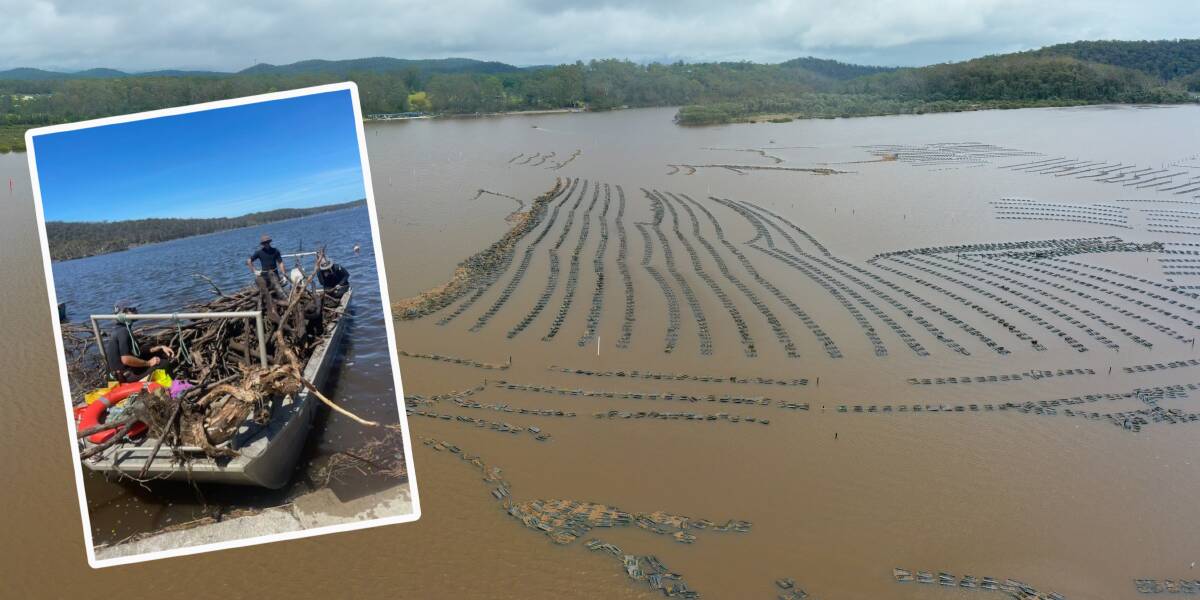 (Main picture) Flooded Pambula Lake on December 1, 2023. (Inset) Kelly Jones and Roy Glessing, Natural Oyster Company, begin the clean-up. Pictures supplied by Pambula Lake oyster farmers 