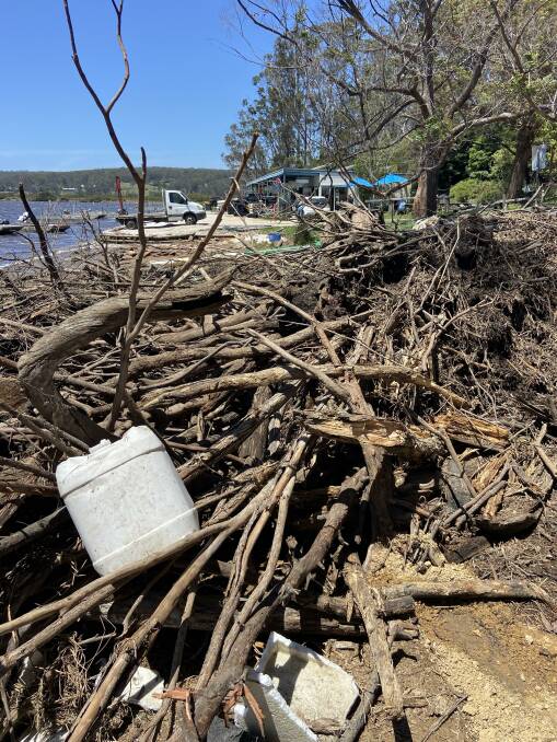 A photo of Pambula Lake flood debris taken on December 6, 2023, following the rain event in late November. Picture supplied by Pambula Lake oyster farmers