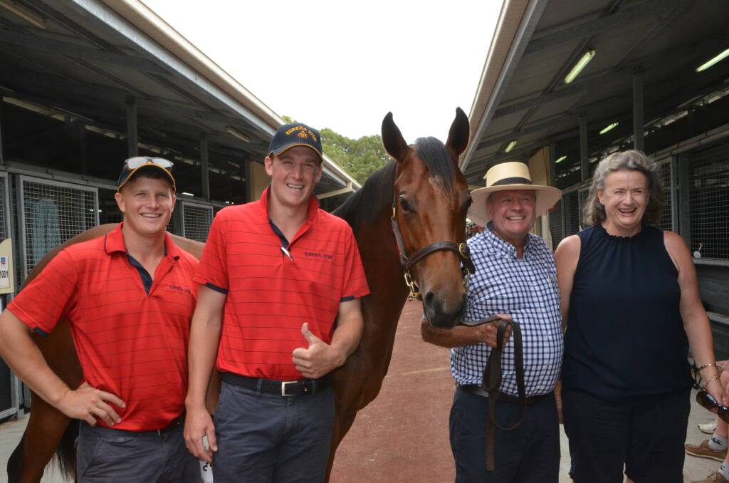 Charlie, Angus, Scott and Grania McAlpine of Eureka Stud, with their home-bred Spirit Of Boom colt - now named Strike, who fetched $150,000 at last year's Gold Coast Magic Millions Yearling Sale. Photo: Virginia Harvey