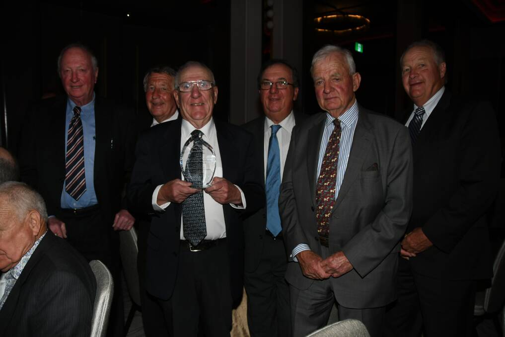 Len Tozer (third from left) received the Simon Nivison Special Achievement Award, with Gundagai-Adelong Race Club committee members Paul Crow, Gordon Lindley, Graeme Harris, Sandy Tait and Jim Saunderson.