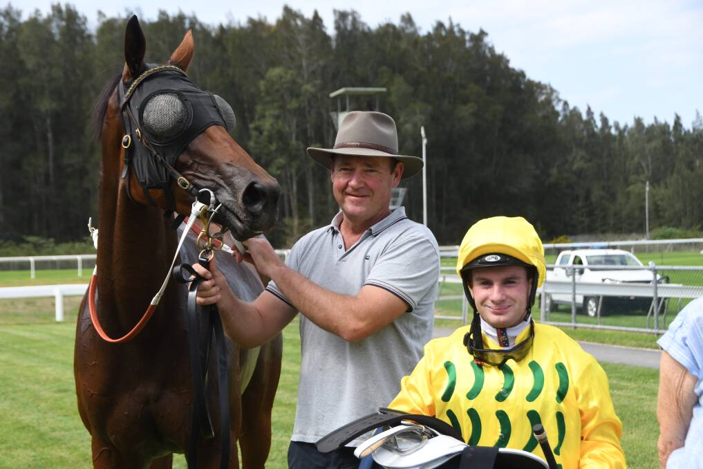 Taree born, Scone based conditioner Rod Northam with his apprentice Reece Jones after Mo's Glory won the Manning Valley Free Range Eggs Maiden Handicap.