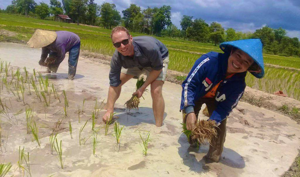 Dr Matt Champness assists farmers transplanting rice, Savannakhet Laos. Picture supplied