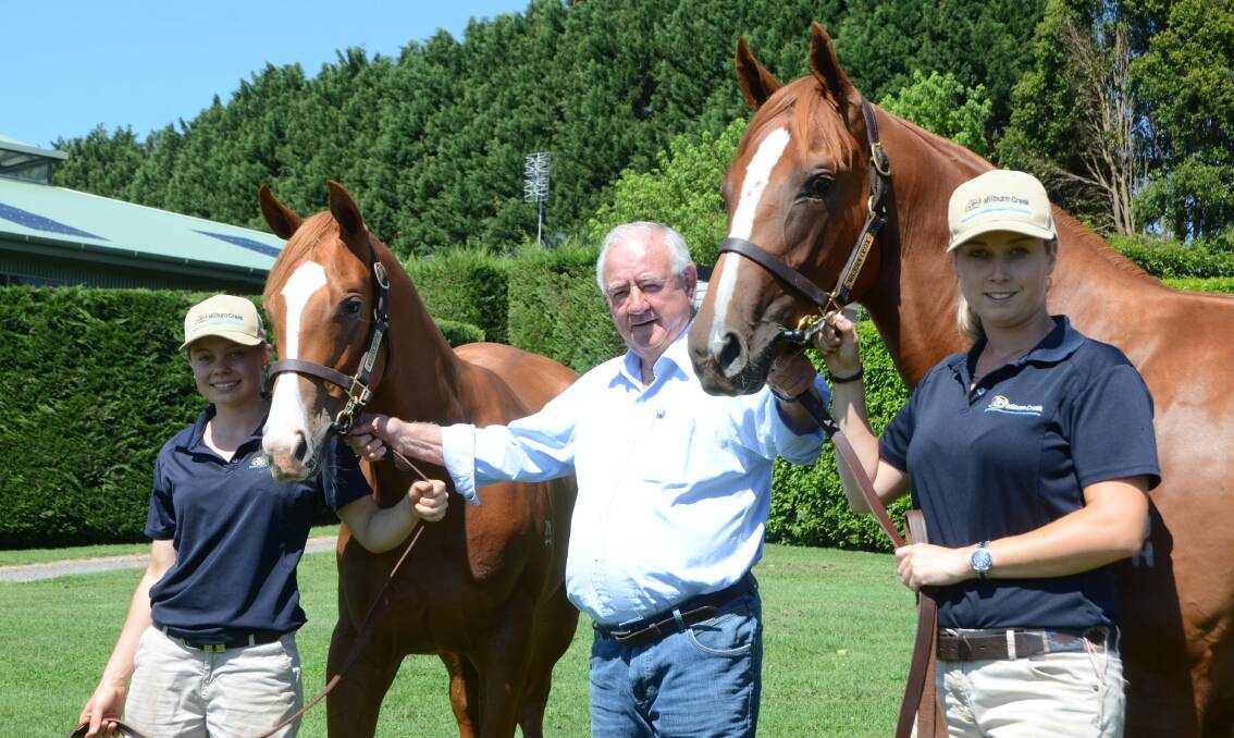 Milburn Creek principal John Muir (centre), with two yearlings on offer, a More Than Ready-Flying Siren filly (Tori Poke, left) and a Sizzling-Chai filly (Karis Clarkson).