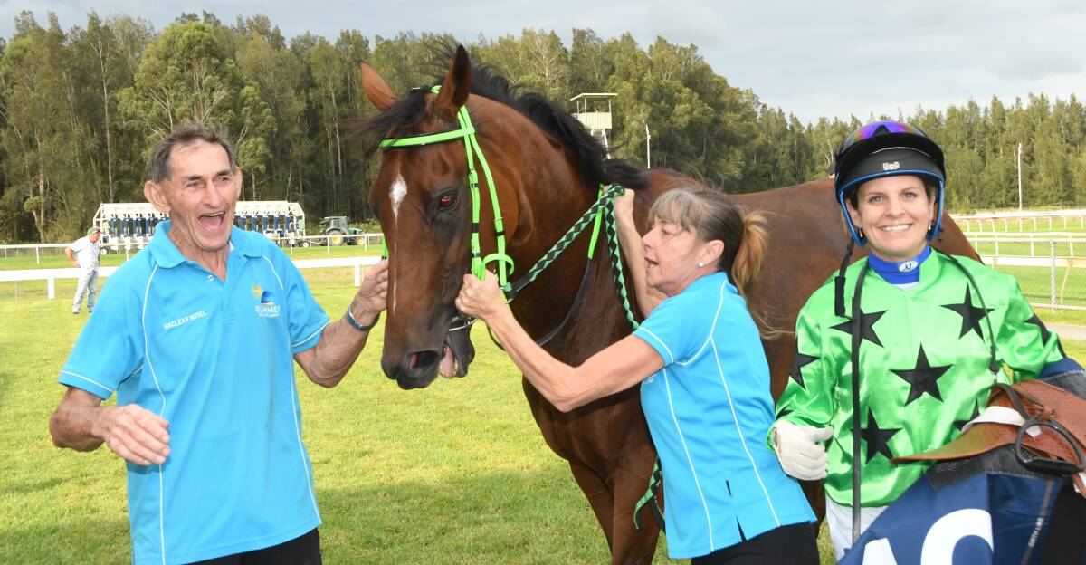 Sarasota Bay with connections - trainer and owners Roy Franklin and Tammy Hobbs, and hoop Jenny Duggan after the Hannam Vale Cup win at Taree. Photos Virginia Harvey