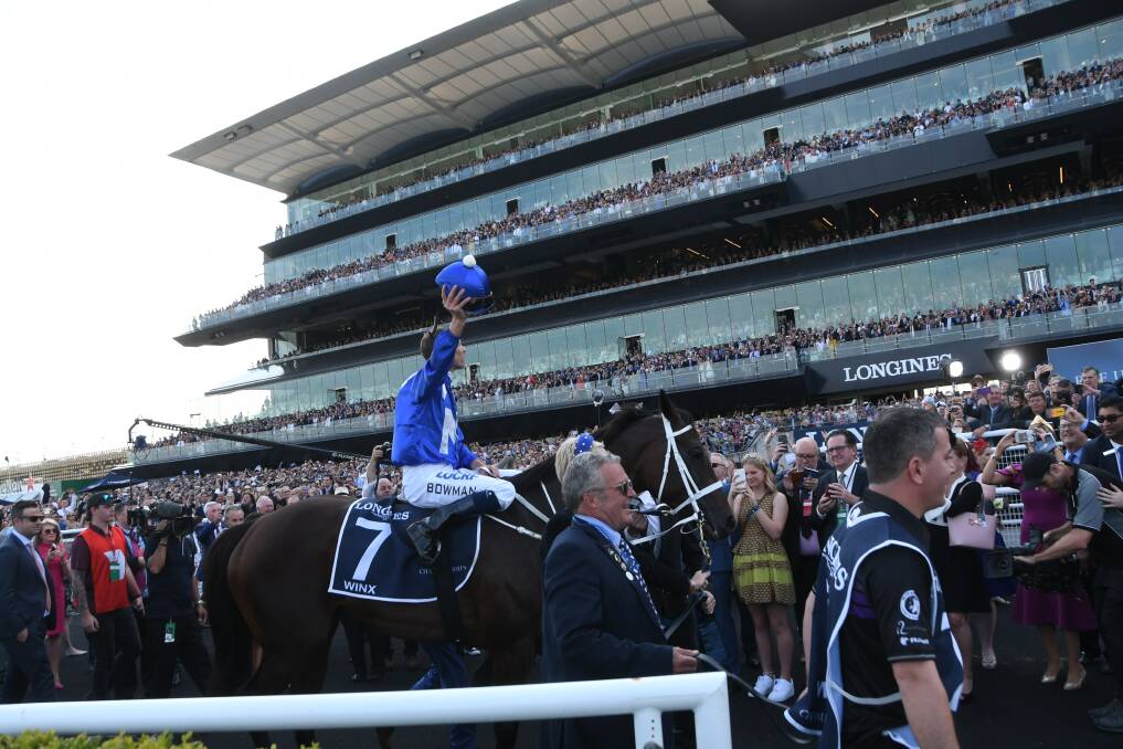 Winx and Hugh Bowman return to scale after her final race and win at Randwick in April. Photo Virginia Harvey