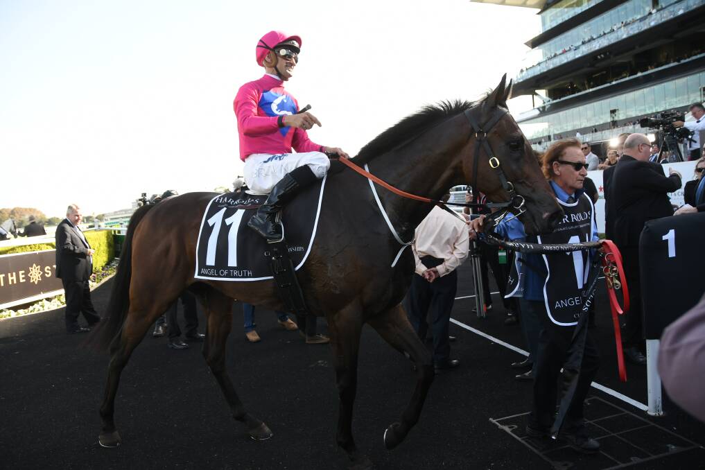 The Kembla Grange prepared Melbourne Cup entrant, Angel Of Truth (and jockey Corey Brown) after winning the 2019 ATC Australian Derby-G1 at Randwick. Photo Virginia Harvey
