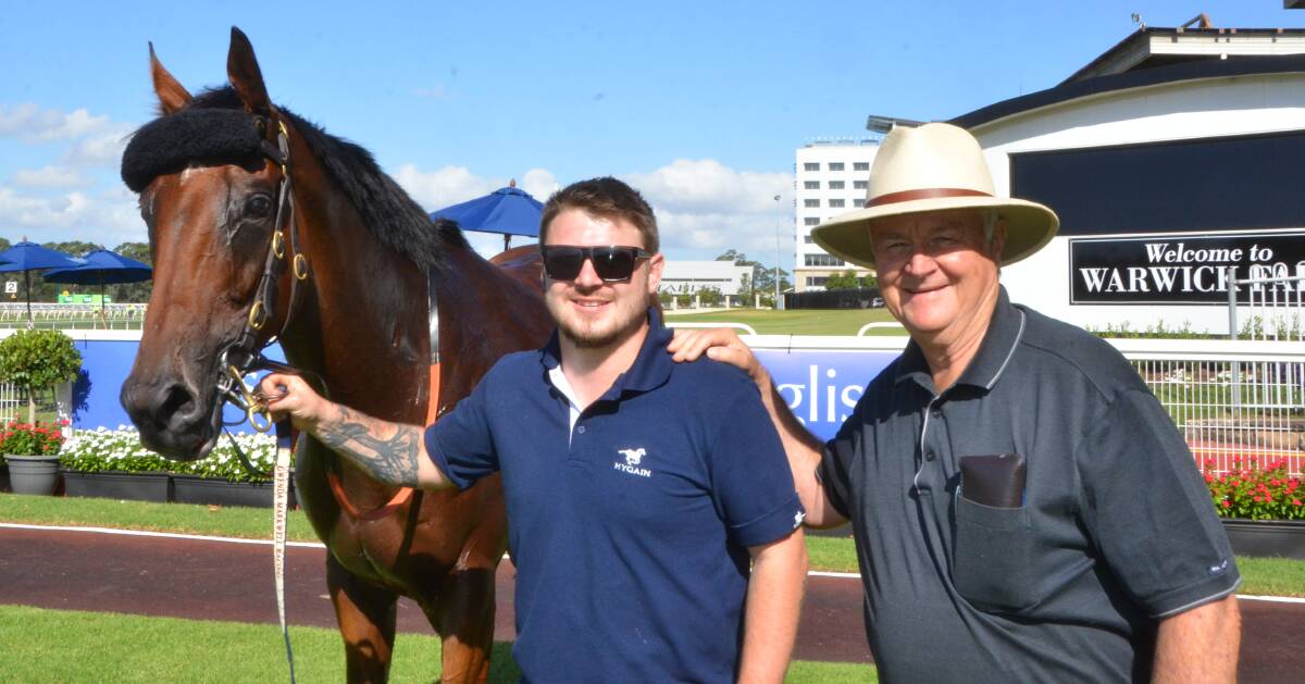 Archedemus, trained by Gwenda Markwell, with strapper Todd Morris and stable supporter Ross McDonald, won the Inglis Provincial Highway at Warwick Farm.