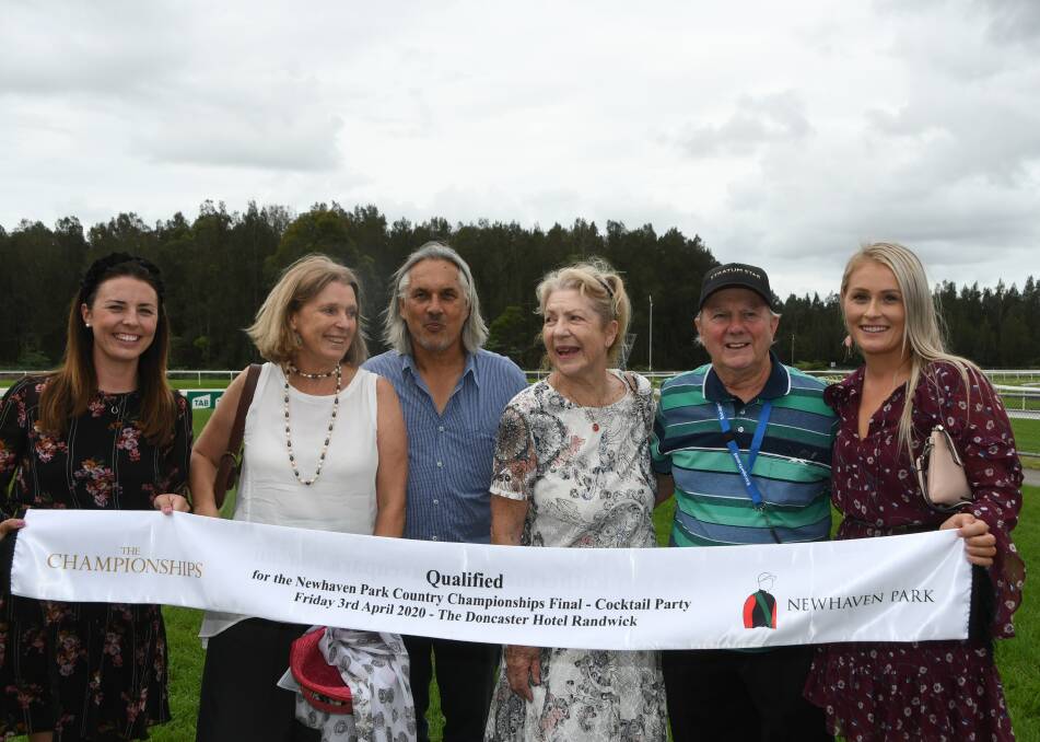 Kathryn Sheridan of Newhaven Park, Magnalane part-owners Louise and John Sutherland, Sandra and Gerry Van Kerkhoff of the Central Coast and stable representative Melinda Turner at Taree on Sunday. Photo Virginia Harvey