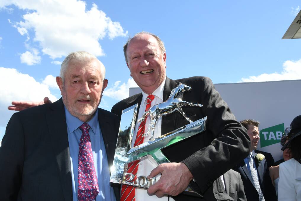 Canberra conditioner Keith Dryden and Laurel Oak Bloodstock's principal Louis Mihalyka after his home-bred Star Witness gelding Handle The Truth won The Kosciuszko. Photo Virginia Harvey
