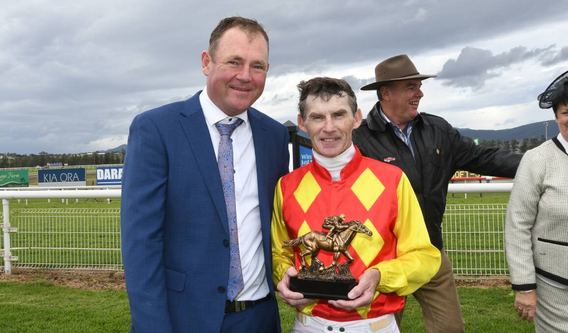 Local trainer Rod Northam and legendary hoop Robbie Thompson combined to win the Inglis Two-Year-Old Challenge at Scone with Spilt. Photo Virginia Harvey