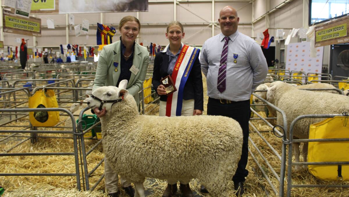 Judge Jo Balcombe, Canowindra, RAS/AgShows NSW Meat Breeds Sheep Young Judges Competition winner Christine Sutton, Cobbity, and judge Jason O'Loughlan, Deniliquin. Picture by Hayley Warden