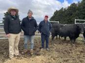 Peter Godbolt, Nutrien Stud Stock, Dave Probert and Brad Probert, Spring Hill Angus, with the top-priced bull Spring Hill Stunner R117, which made $11,000. 