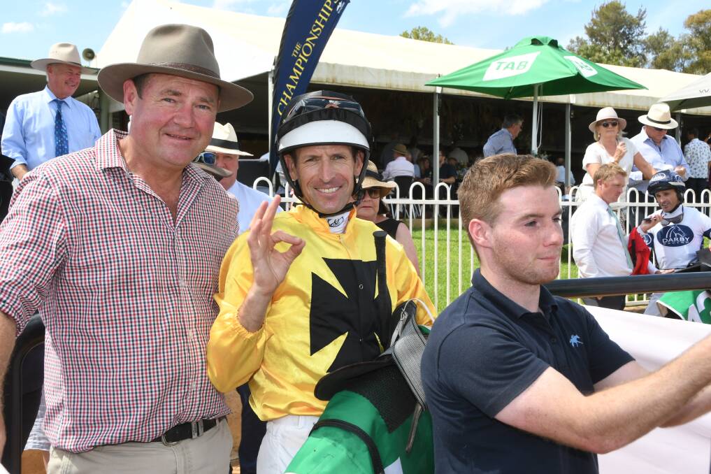 Scone conditioner Rod Northam, ace jockey Hugh Bowman, and strapper Kurt Thompson after Chastise wins the Gooree Park Country Showcase Maiden Plate.