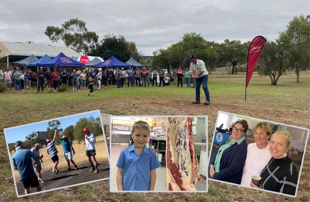 (Main picture) Anthony Luelf tees off. (Inset left to right) The Elders team finish nine holes; Jack Vearing with the argie of beef donated by Hanwood Butchery for the auction; Betsy Farrugia, Member for Murray Helen Dalton and Sandy Vearing. Pictures supplied by Sandy Vearing