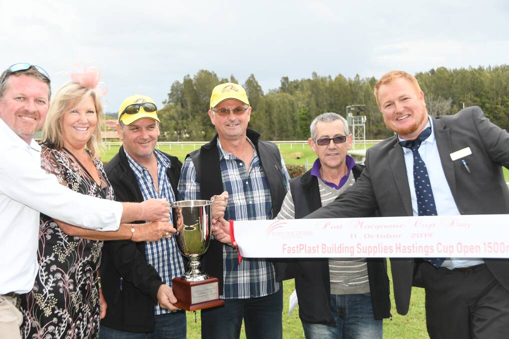 Sponsors Shaun and Elaine Abbott, with part-owners Matt Carr and Robert Lanfranchi, trainer Tracey Bartley and Port Macquarie Race Club director Jamie Harrison after Miss Redoble won the Hastings Cup. Photos Virginia Harvey