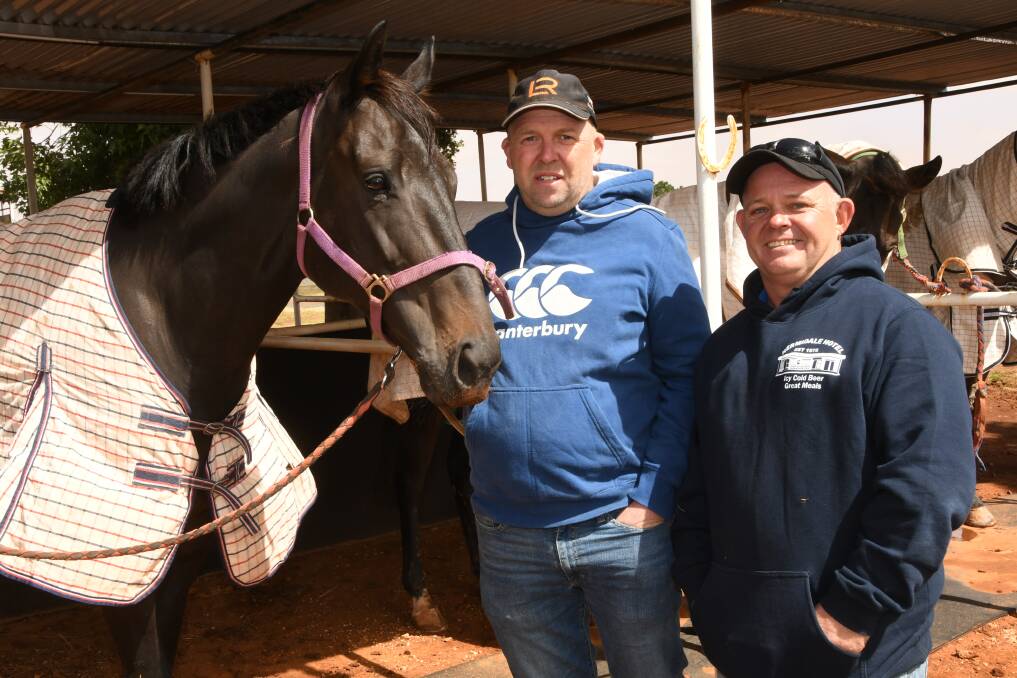 Hopeful part-owners Anthony Polack and Alister Ewan both from Cobar with Vonnida, now has to wait until the Hillston picnics this Saturday. Photo Virginia Harvey