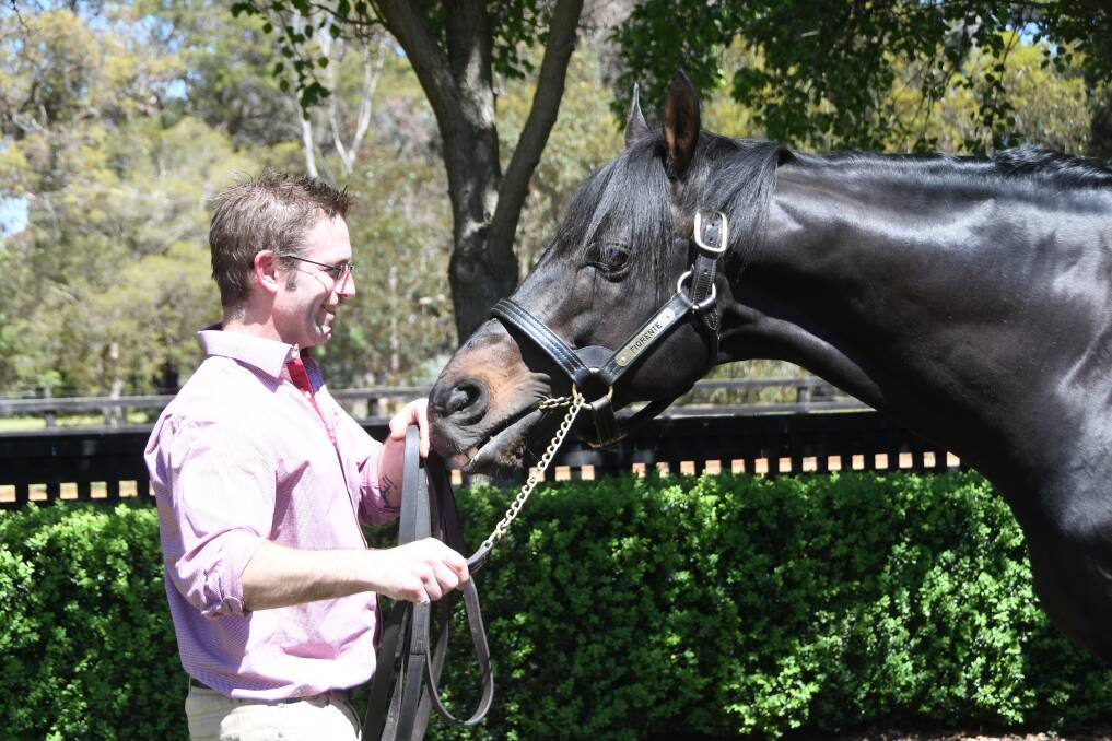 Stallion handler Sebastian Domange with Fiorente, a Melbourne Cup winner and now proven sire at Sun Stud, Riddles Creek, Victoria. Photo Virginia Harvey