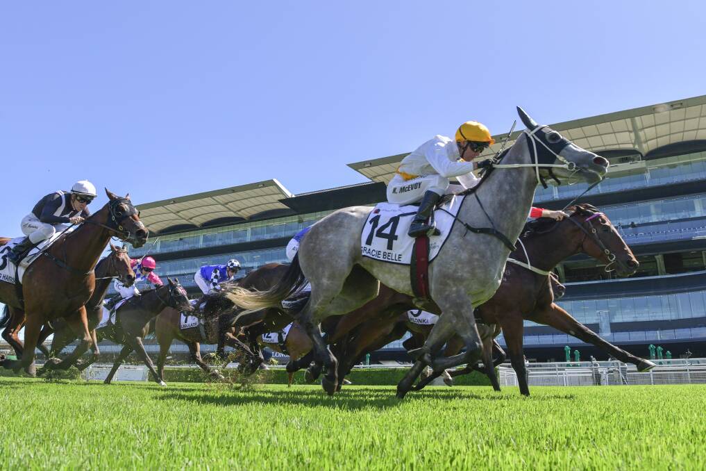 The Matt Dunn, Murwillumbah trained, Gracie Belle and Kerrin McEvoy up, win the Newhaven Park Country Championship Final at Randwick on Saturday. Photo by bradleyphotos.com.au