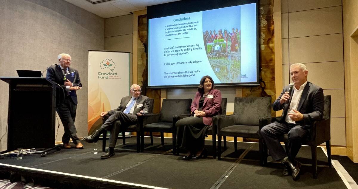 Dr Richard Sheldrake AM, Professor Wendy Umberger and Scott Hansen speak at the Crawford Fund Forum at Sydney. Picture by Hayley Warden