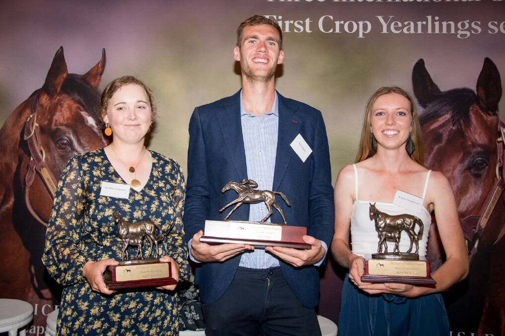 Kaitlyn Summers, Jack Cripps and Kiara Henderson with their dedication trophies after being recognised at the recent Thoroughbred Industry Careers ceremony in Sydney.