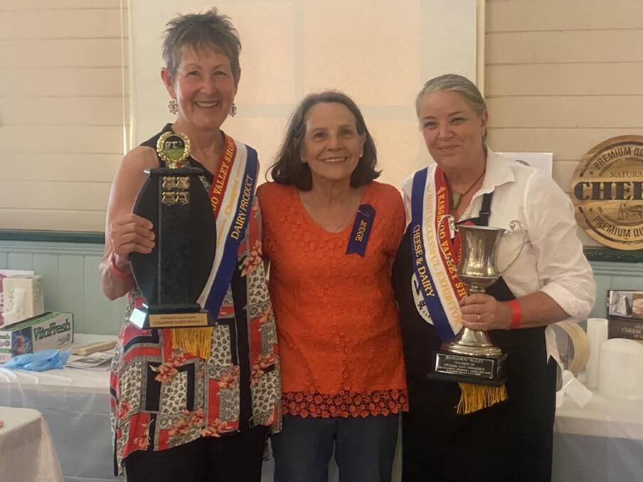 Winner of the Carole Willman Perpetual Trophy for Champion Cheese was Pam Swinfield with her blue mould cheese Forme D'Ambert, judge Carole Willman and Most Successful Exhibitor Rosie Johnson. Picture supplied