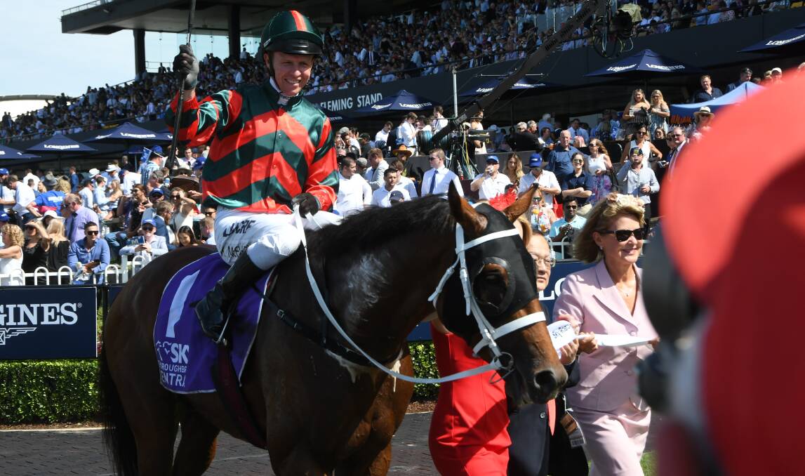 The Autumn Sun with part-owner Christine Messara - and Kerrin McEvoy aboard, return to scale after winning the Rosehill Guineas-G1. Photo Virginia Harvey
