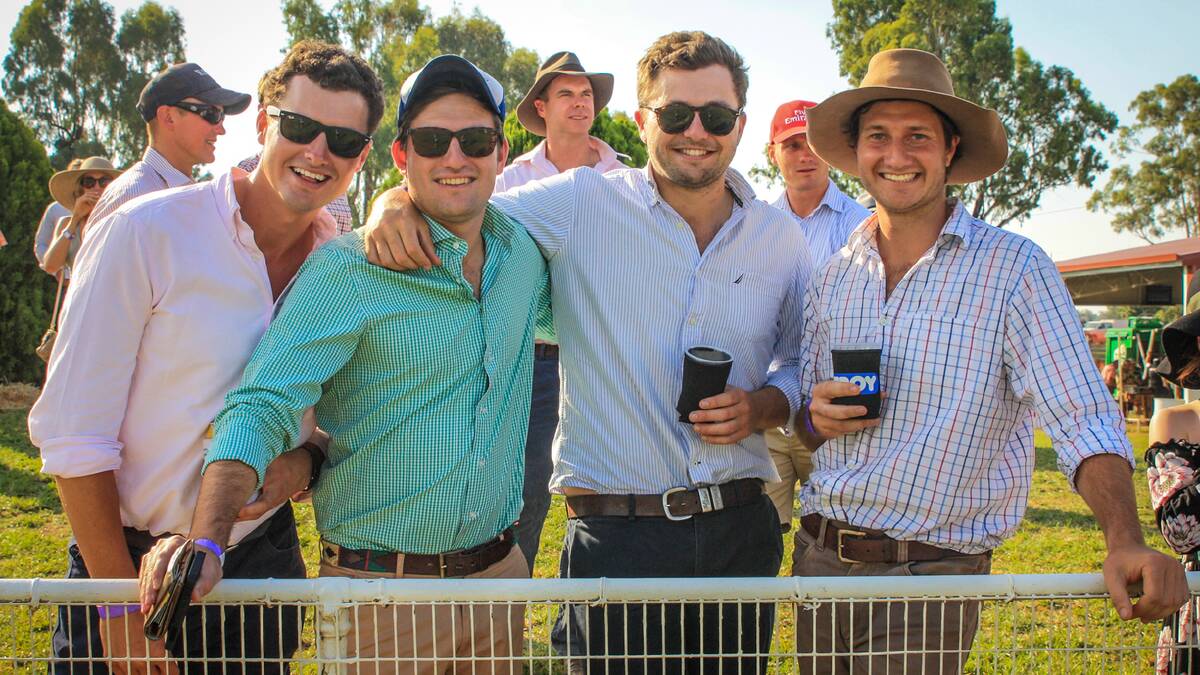 A group of mates enjoy themselves at the 2018 Bedgerabong Picnic Races.