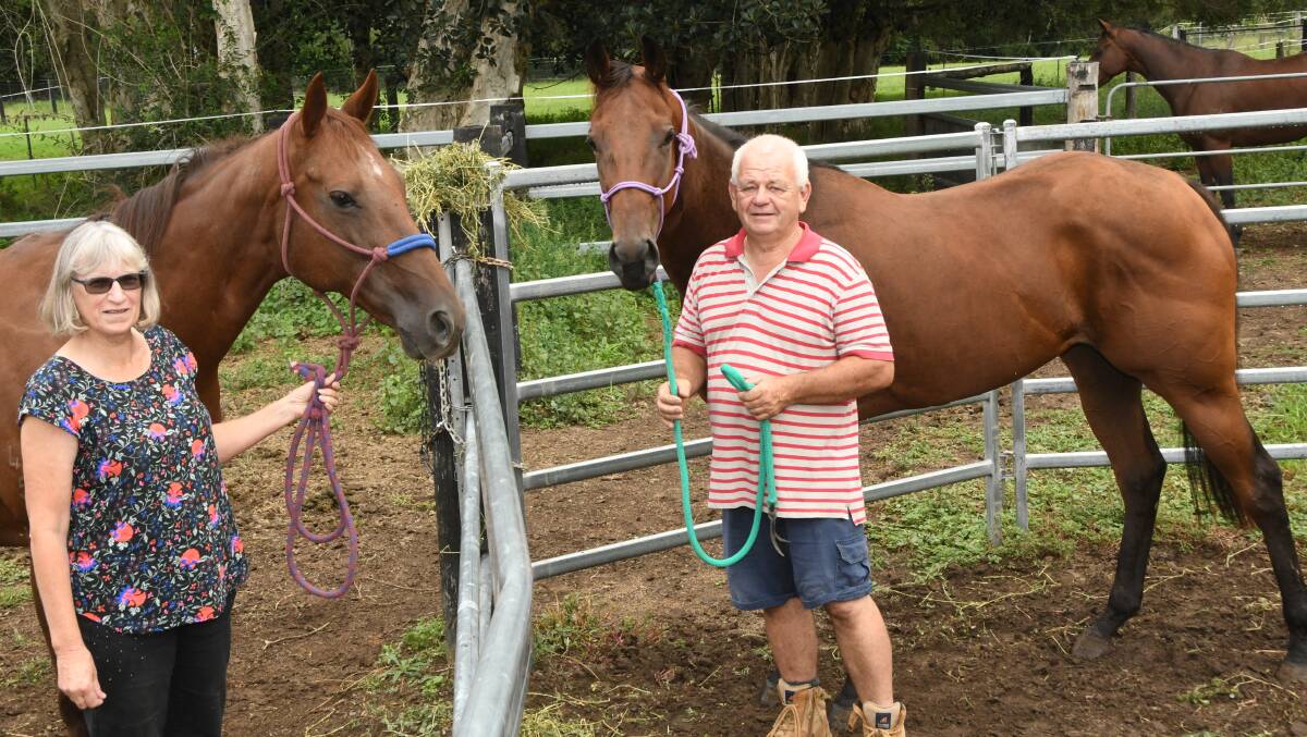 Keen breeders and racegoers Sue Oldfield - with Firefly Magic, and Peter Killen - with Malea Magic, at their Krambach property. Photo Virginia Harvey