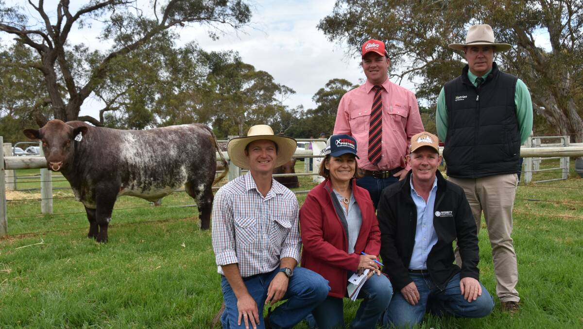 Eloora stud's Dion Brook with Kylie and Jason Catts, Futurity stud, Baradine, who paid the $24,000 top price for Eloora Melbourne T103. They are with Elders' Alistair Keller and Nutrien's Richard Miller. Picture by Catherine Miller