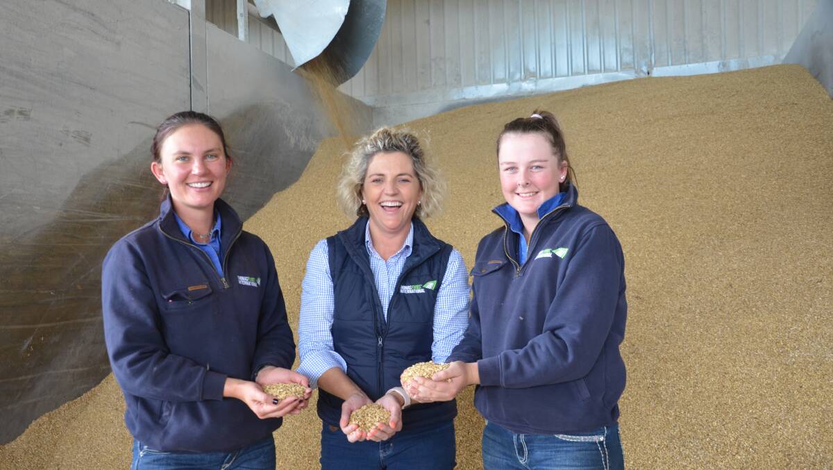 Southern Cross feedlot graduate Alexa Hearn, business administration manager Kelly Nankivell and Rural Pathways Program participant Amber Towns at the feedmill.