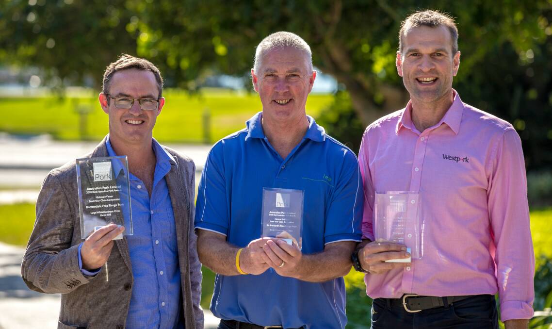 Borrowdale Free Range Pork’s Jamie Ferguson, Dave Harrison from St Bernard’s and Richard Evison from Westpork after they were presented with their awards at the Pan Pacific Pork Expo.
