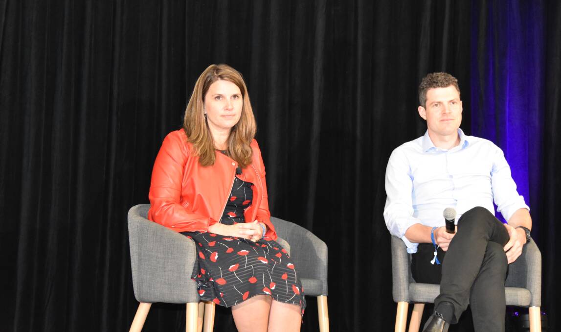 International food supply chain sustainability expert Nicole Johnson-Hoffman, from the United states, and environmental economist James Bentley, from National Australia Bank, at Beef Australia.