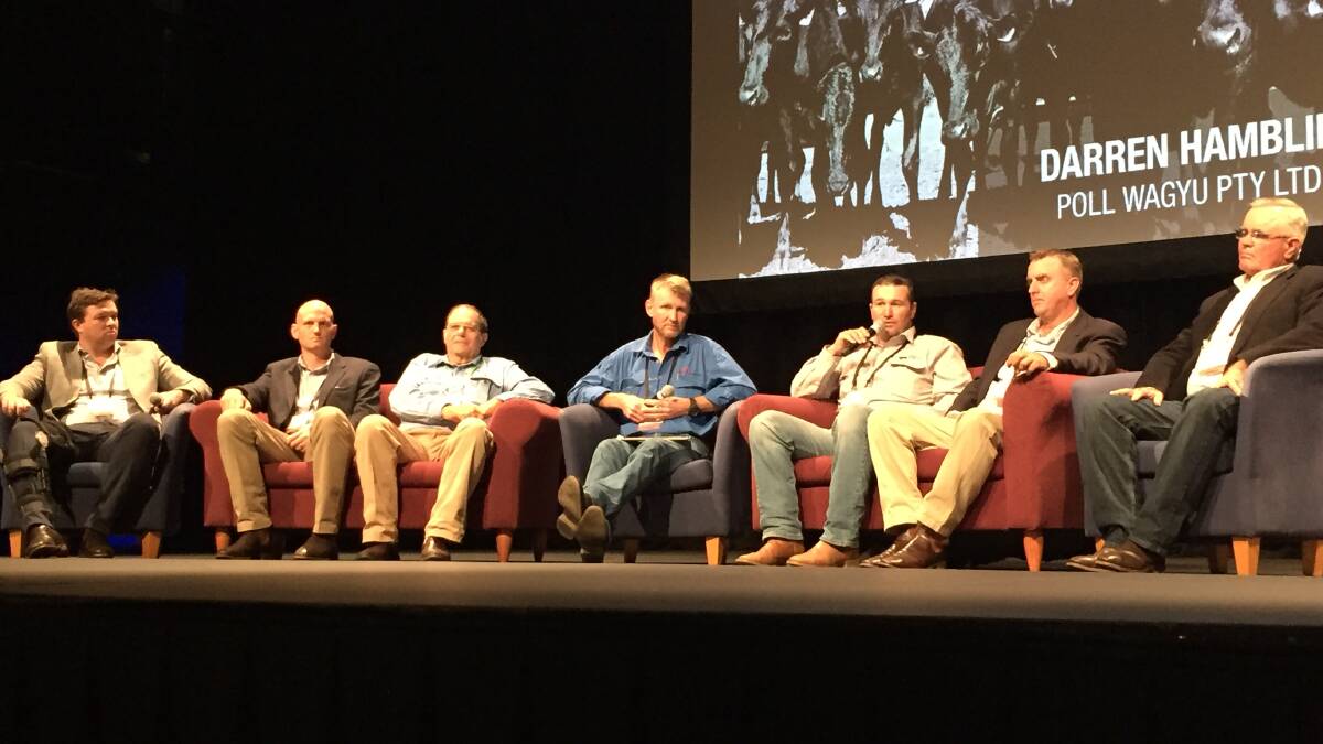 Wagyu industry leaders Patrick Warmoll, Andrew Moore, Peter Krause, Anthony Winter, Darren Hamblin, Matthew Edwards and Peter Hughes discuss the best approaches to crossbreeding at the Australian Wagyu Association's conference in Albury last week/