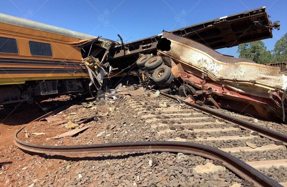 The aftermath of the Katherine derailment where a truck driver allegedly tried to beat the train through a level crossing.