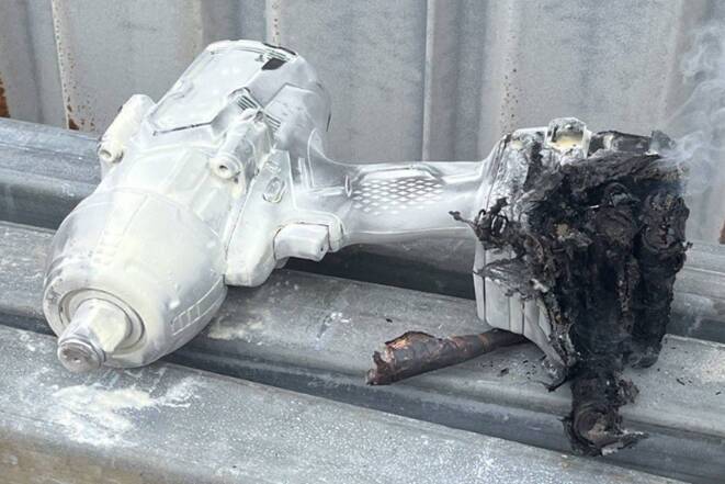 FIRE DANGER: This cordless power tool exploded into flame when it was left inside a hot vehicle in Darwin. Picture: NT WorkSafe.