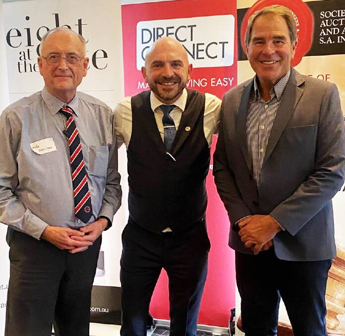 Ray White Rural's Geoff Schell (right) was recently awarded the Society of Auctioneers & Appraisers Golden Gavel award for highest priced SA rural sale with the $12.9m result for Hillview sold in March 2022. Mr Schell is is pictured with the society's chief executive Gary Topp (left) and president John Morris. Picture supplied.