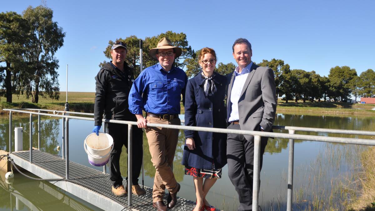 Narrandera Fisheries Centre hatchery manager Matt McLellan, Agriculture Minister Adam Marshall, Cootamundra MP Steph Cooke and fisheries centre manager Martin Asmus.
