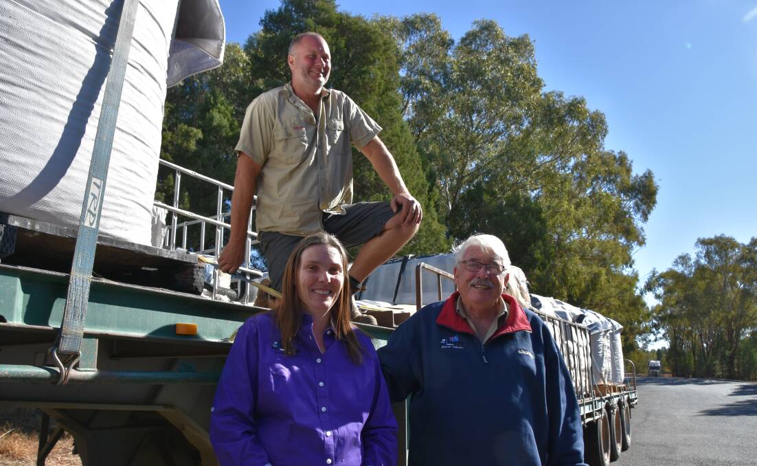 Aussie Helpers volunteers Krystal Haycock and Craig Porter with coordinator Brian Egan with some of the supplies they've brought down from Charleville. 