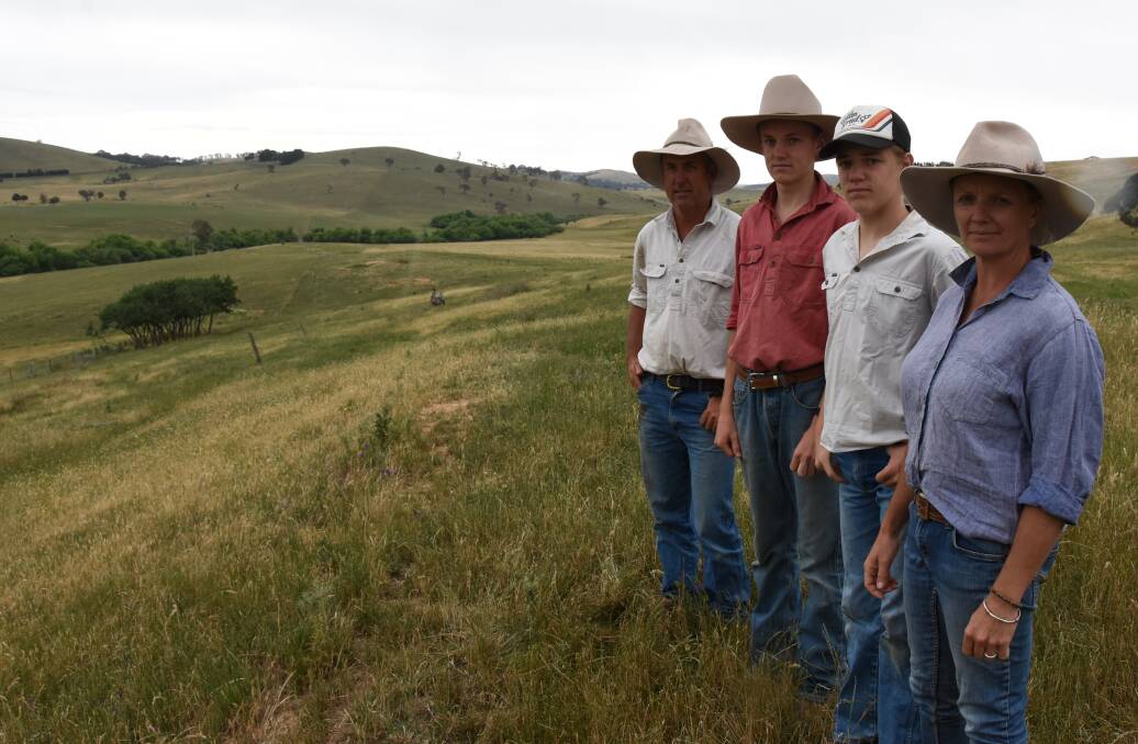 Dub, Lachlan, Harry and Rebecca Price stand near the gateway of their property. The treeline below is the Belubula River tracking through “Weemala”.