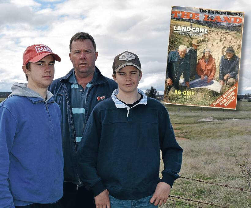 Sam, Andrew and Charlie Rendall don't want to see five square kilometres of farmland covered with solar panels next to their farm. Main photo: DAN PEDERSEN
