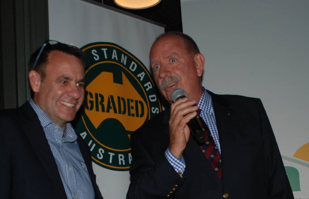 Meat and Livestock Australia managing director Richard Norton and Rangers Valley managing director Don Mackay share a joke after Rangers Valley was named New South Wales MSA awards winner on Friday night in Dubbo.  